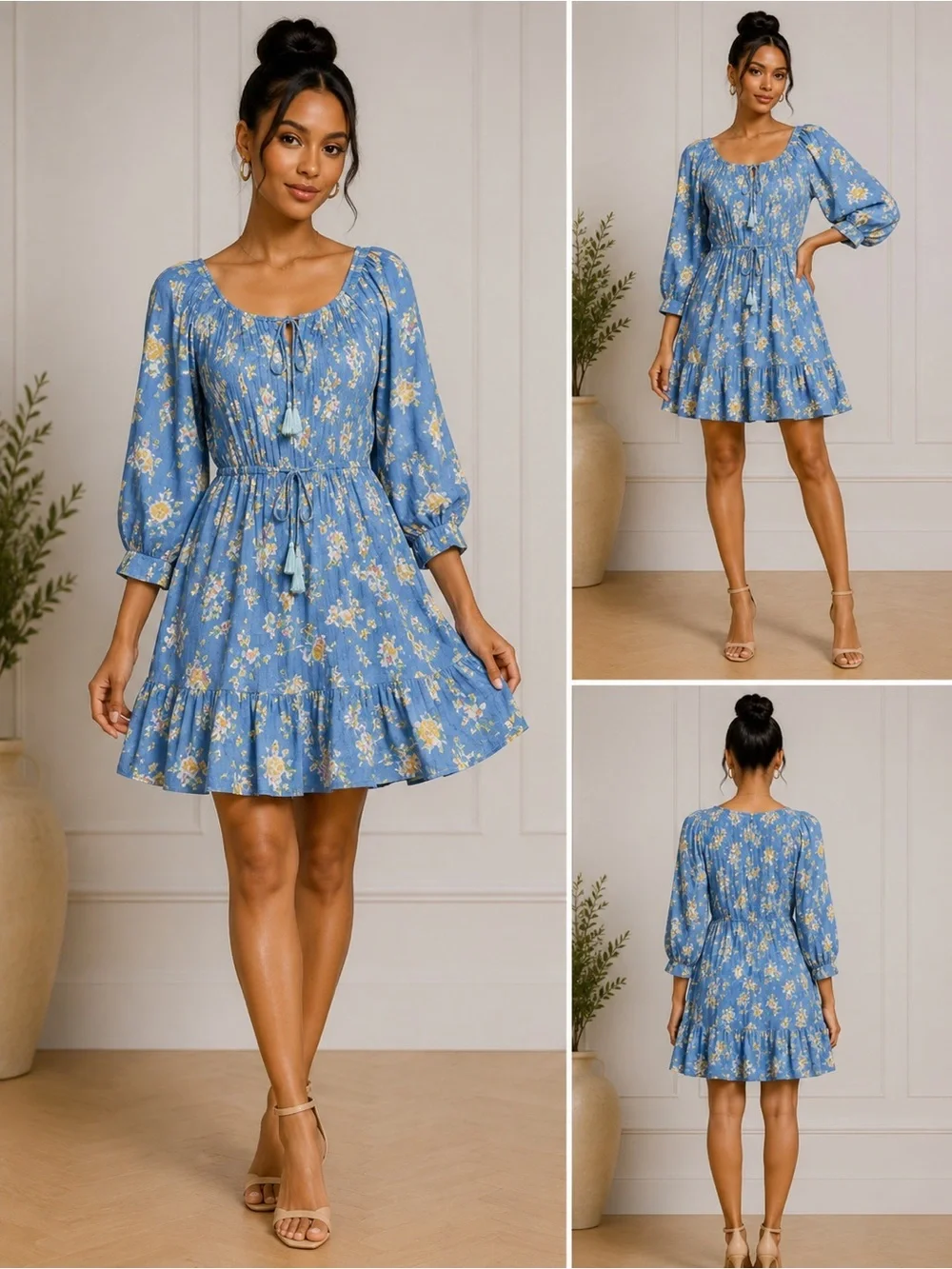 Free People Blue Ruffled Sundress with Square Neck Size: Small